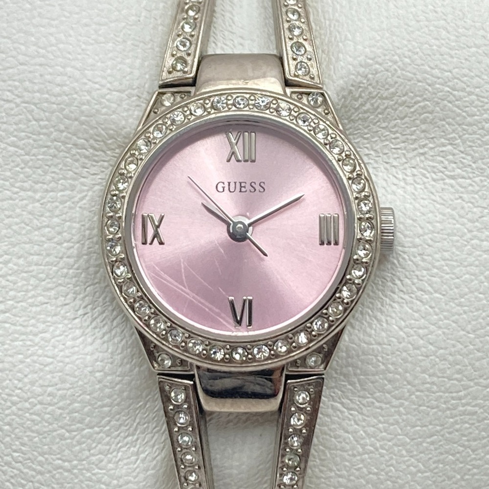 Guess Women Watch 21mm Silver Tone Crystals Pink Dial Bling New Battery SMALL 6"